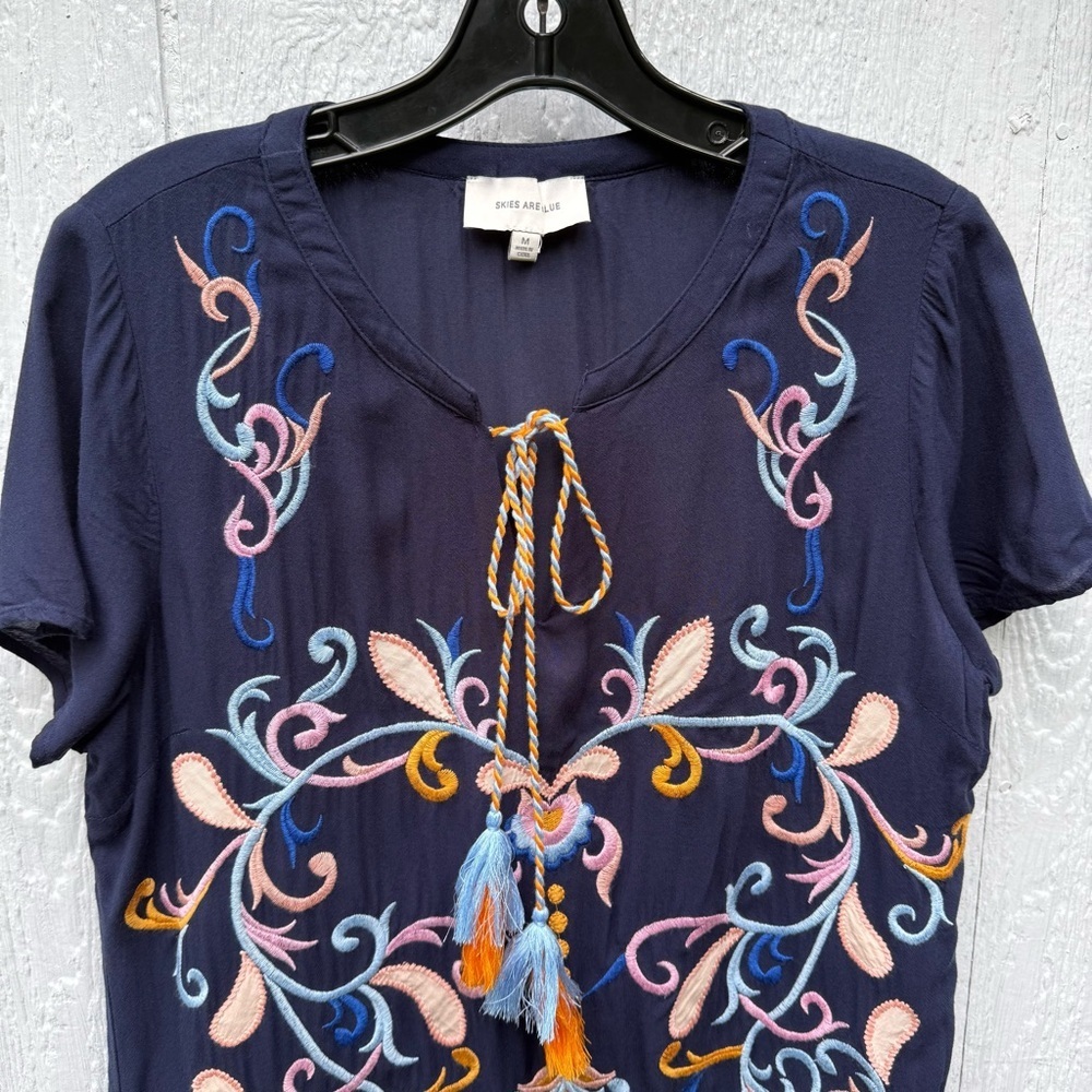 Skies Are Blue Women's Blue Embroidered Paisley Rayon Dress Cover-Up Lined M - Picture 3 of 7